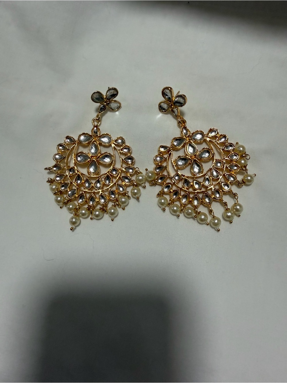 Gold Chandbali Earrings with White Pearl Drops